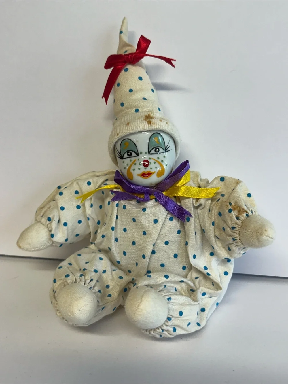 Handmade Polka Dot Clown Plush Toy in Cream with Blue Dots